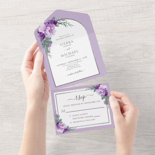 Elegant Purple Silver Floral Foliage Wedding Arch All In One Invitation