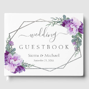 Elegant Purple & Silver Floral Geometric Wedding Guest Book