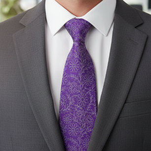 Elegant Purple Silver Floral Pattern Neck Tie