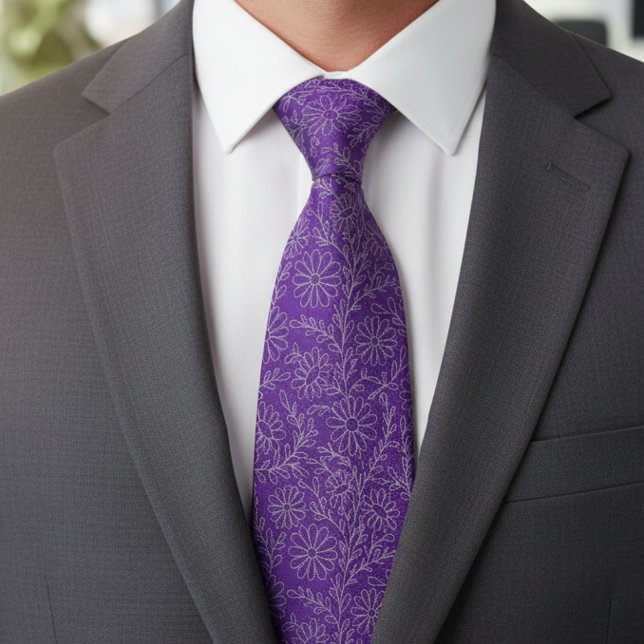 Elegant Purple Silver Floral Pattern Neck Tie (Creator Uploaded)