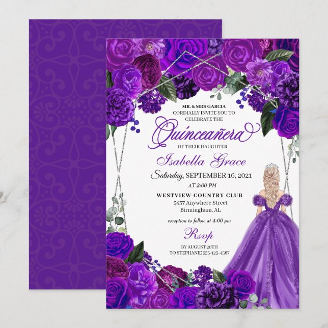 Elegant Purple Silver Floral Quinceanera Birthday Invitation (Front/Back)