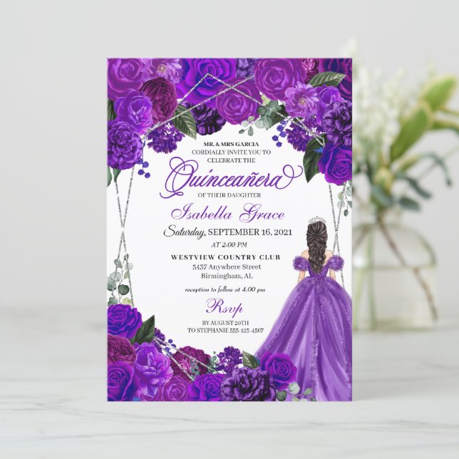 Elegant Purple Silver Floral Quinceanera Birthday Invitation (Standing Front)