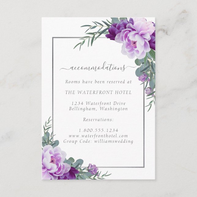Elegant Purple & Silver Floral Wedding Details Enclosure Card (Front)
