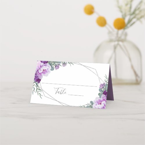 Elegant Purple  Silver Floral Wedding Reception Place Card