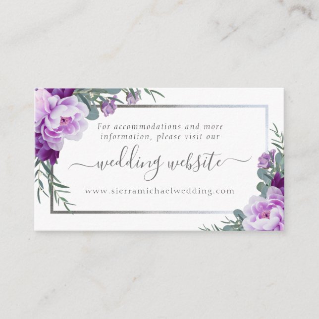 Elegant Purple & Silver Floral Wedding Website Enclosure Card (Front)