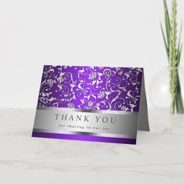 Elegant Purple Silver Flourish Wedding Thank You (Front)