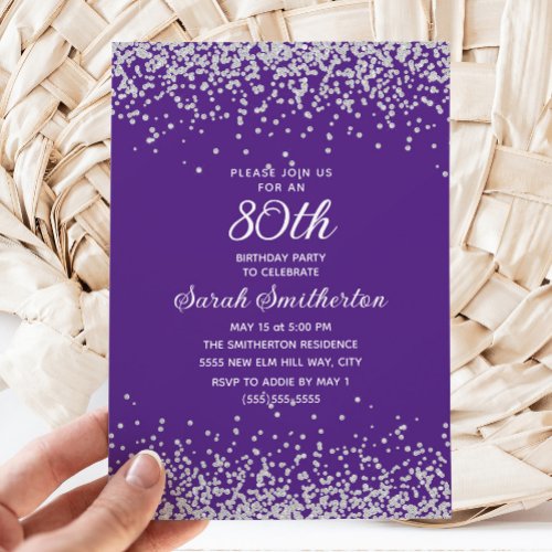 Elegant Purple Silver Glitter Adult 80th Birthday Invitation