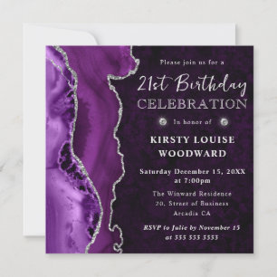 Elegant Purple Silver Glitter Agate 21st Birthday Invitation