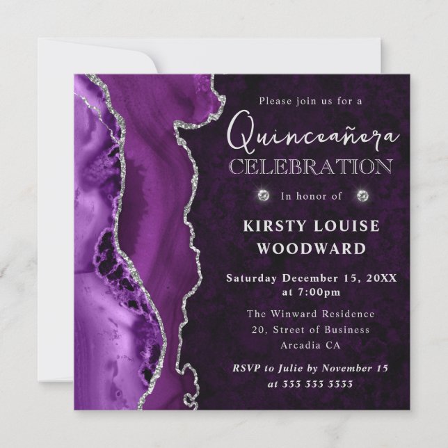 Elegant Purple Silver Glitter Agate Quinceanera Invitation (Front)