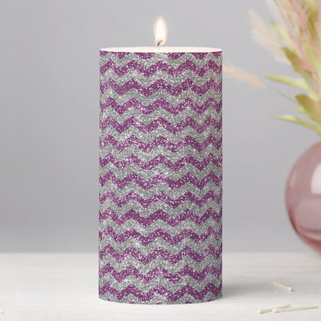 Elegant Purple Silver Glitter Chevron Stripes Pillar Candle (In Situ)