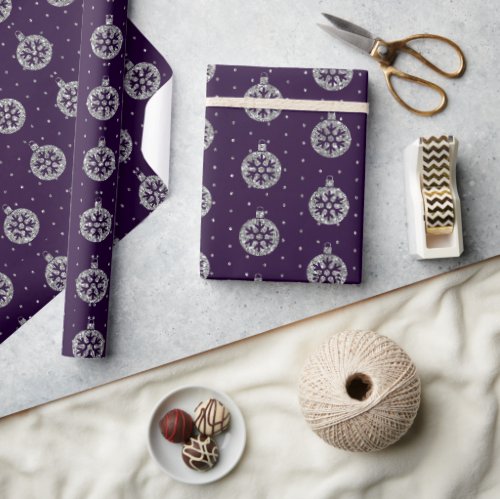Elegant Purple  Silver Glitter Christmas Baubles Wrapping Paper