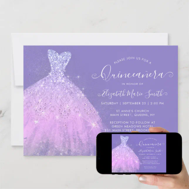 Elegant Purple Silver Glitter Dress Quinceanera Invitation Zazzle