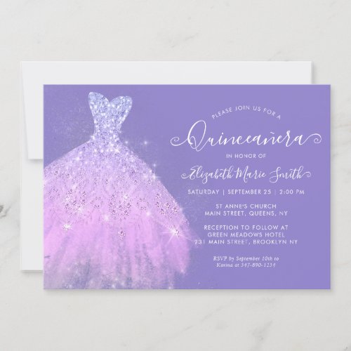 Elegant Purple Silver Glitter Dress Quinceanera Invitation