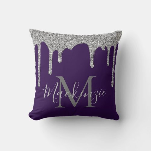 Elegant Purple Silver Glitter Drips Monogram Throw Pillow