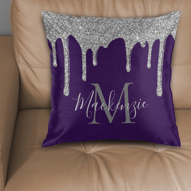 Elegant Purple Silver Glitter Drips Monogram Throw Pillow (Elegant Purple Silver Glitter Drips Monogram Throw Pillow)