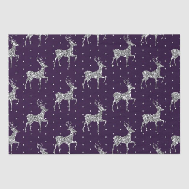 Elegant Purple & Silver Glitter Reindeer Christmas Tissue Paper (Front)