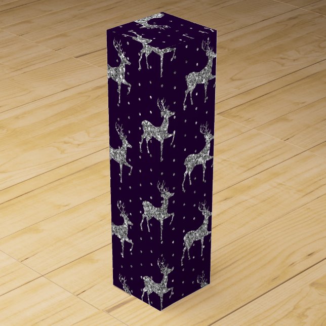 Elegant Purple & Silver Glitter Reindeer Christmas Wine Box (Front)