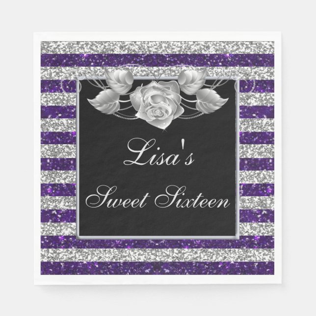 Elegant Purple Silver Glitter Silver Rose Sweet 16 Napkins (Front)