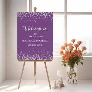 Elegant Purple Silver Glitter Wedding Welcome Foam Board