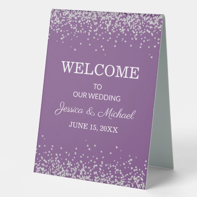 Elegant Purple Silver Glitter Wedding Welcome Table Tent (Front)