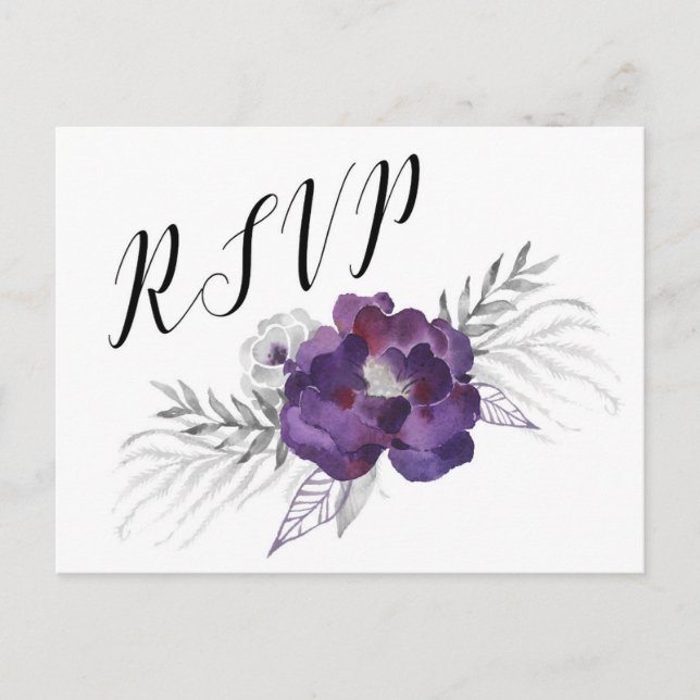 Elegant Purple Silver Gray Floral RSVP reply Invitation Postcard (Front)