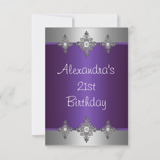 Elegant Purple Silver Jewel 21st Birthday Invitation (Front)