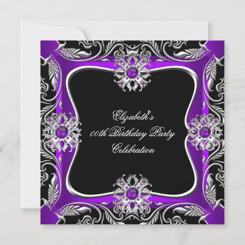 Elegant Purple Silver Jewel Black Birthday Party 2 Invitation
