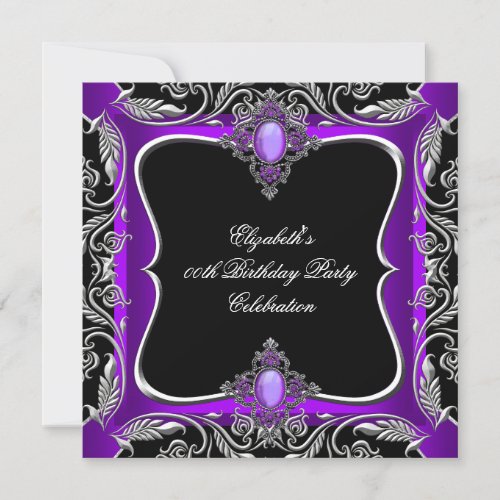 Elegant Purple Silver Jewel Black Birthday Party Invitation