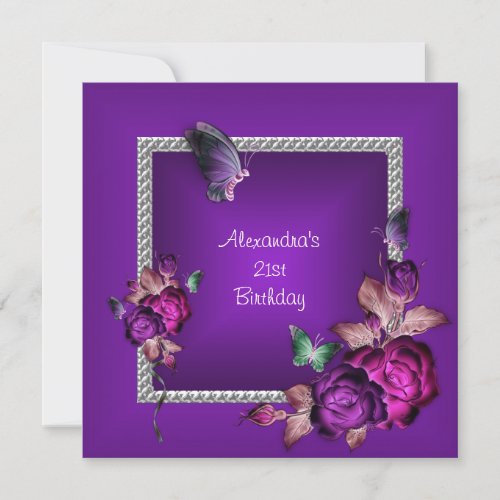Elegant Purple Silver Jewel Flowers 21st Birthday Announcements