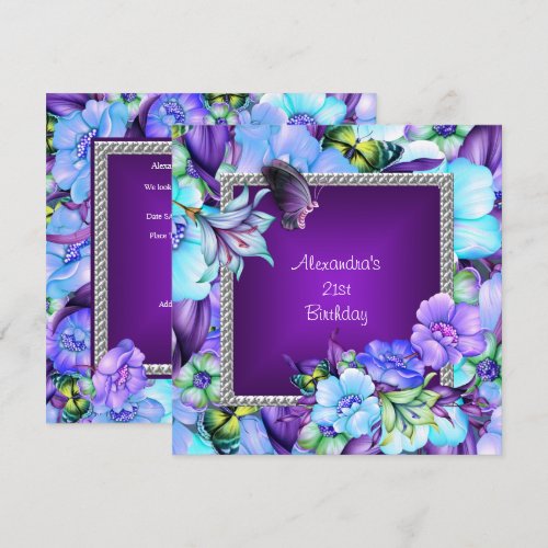 Elegant Purple Silver Jewel Flowers 21st Birthday Custom Invitations