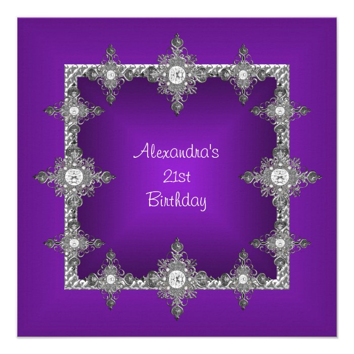 Elegant Purple Silver Jewel Frame 21st Birthday Custom Invites