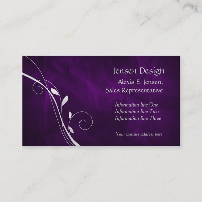 Elegant Purple Silver Leaf Swirl Business Card (Front)