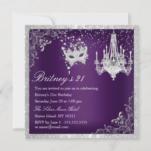Elegant Purple  Silver Masquerade 21st Invite
