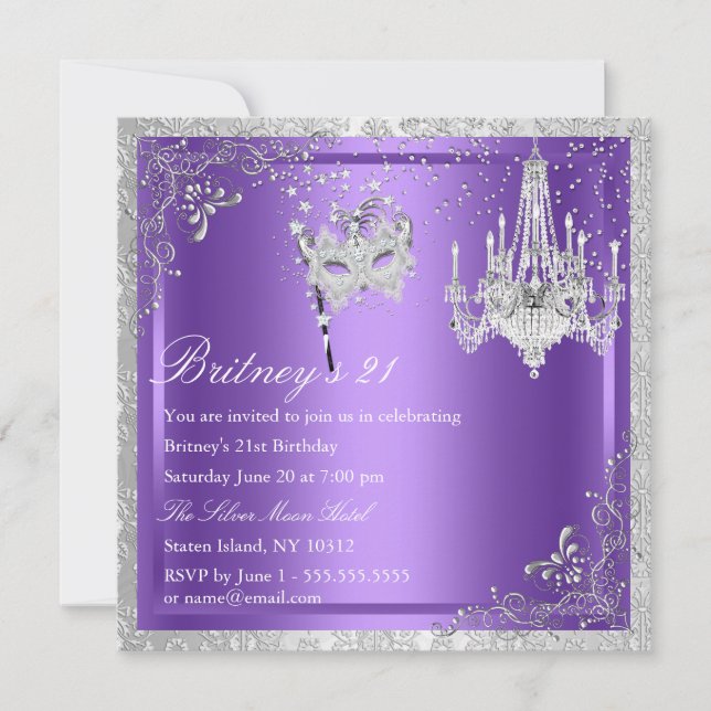 Elegant Purple & Silver Masquerade 21st Invite (Front)