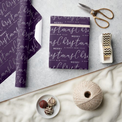 Elegant Purple  Silver Merry Christmas Text Wrapping Paper