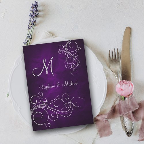 Elegant Purple Silver Monogram Wedding Invitation 5" X 7" Invitation Card