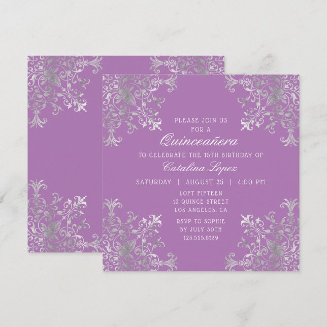 Elegant Purple Silver Ornate Floral Quinceañera Invitation (Front/Back)