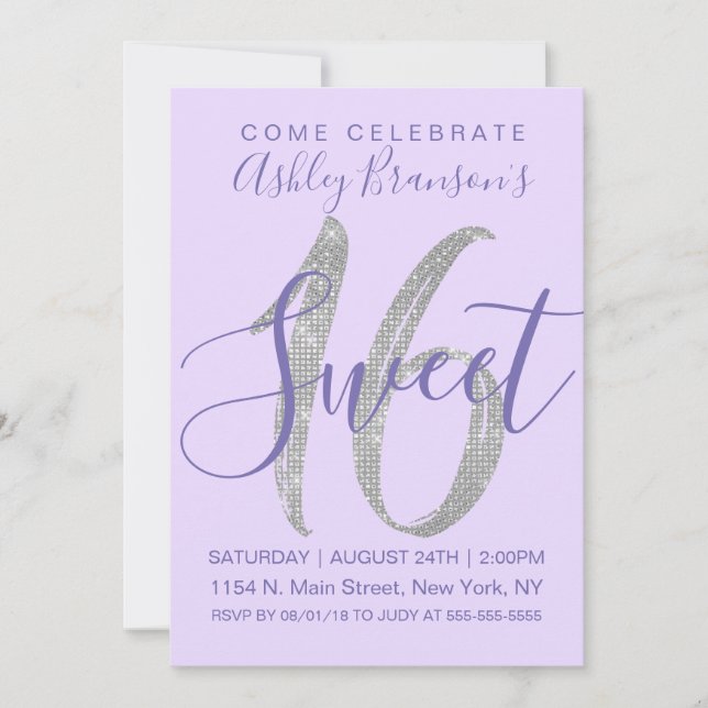 Elegant Purple Silver Sequin Glitter Sweet 16 Invitation (Front)