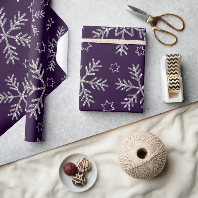 Elegant Purple & Silver Snowflakes Christmas Wrapping Paper (Crafts)