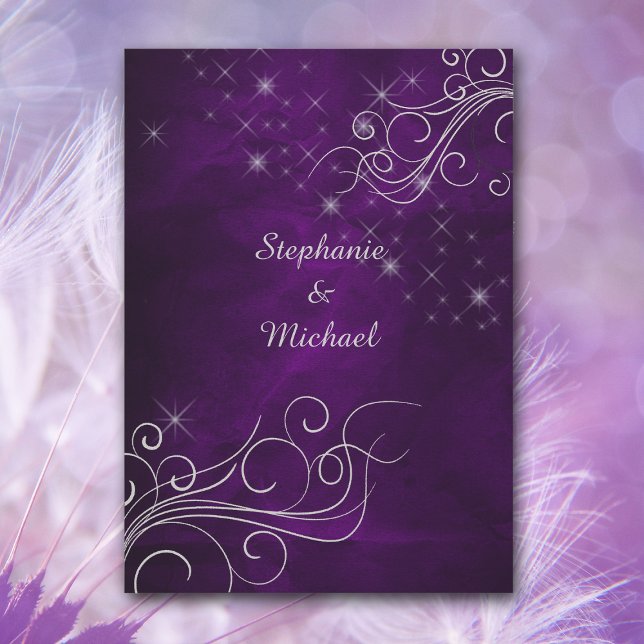 Elegant Purple Silver Star Swirl Wedding Invitation (Creator Uploaded)