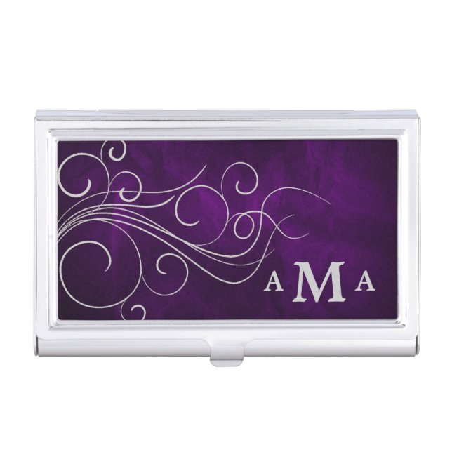 Elegant Purple Silver Swirl Monogram Business Card Case (Front)