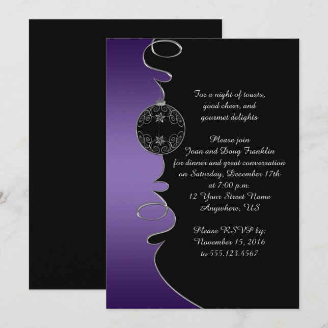 Elegant Purple Silver Swirls Black Christmas Party Invitation (Front/Back)