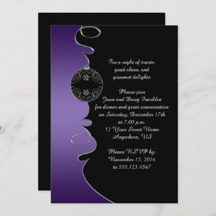Elegant Purple Silver Swirls Black Christmas Party Invitation
