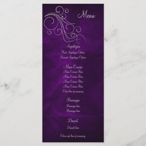 Elegant Purple Silver Wedding Menu Rack Card
