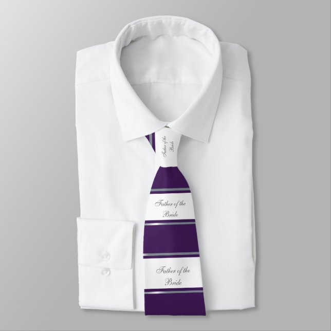 Elegant, Purple, Silver, White Father of the Bride Neck Tie (Tied)