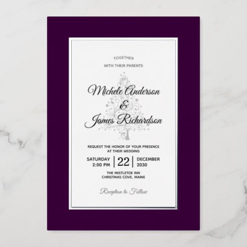 Elegant Purple Silver Winter Holiday Wedding Foil Invitation