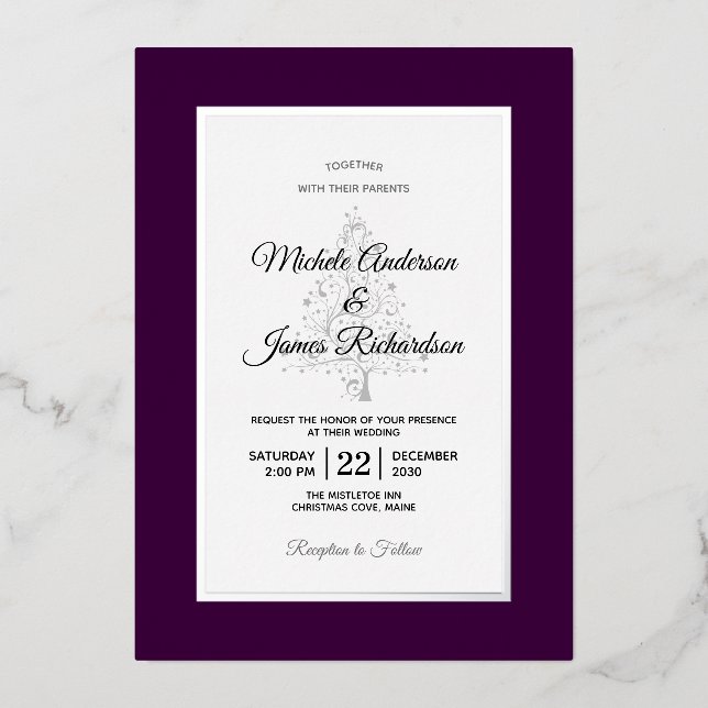 Elegant Purple Silver Winter Holiday Wedding Foil Invitation (Front)