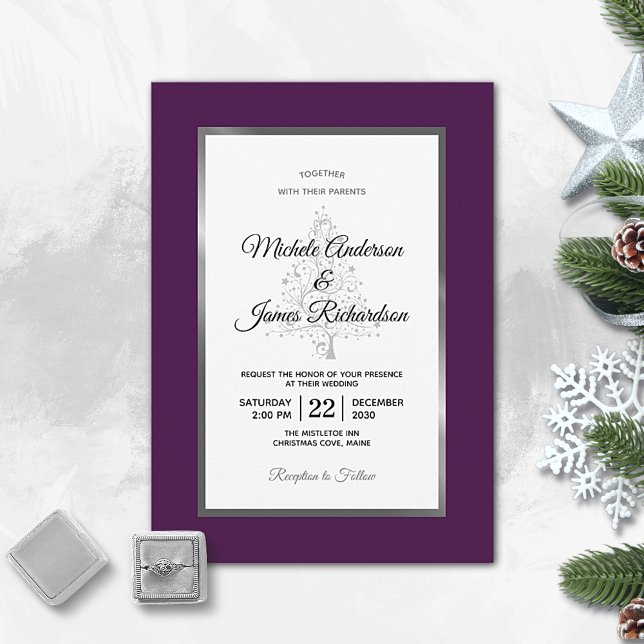 Elegant Purple Silver Winter Holiday Wedding Invitation (Creator Uploaded)