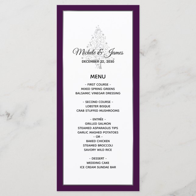 Elegant Purple Silver Winter Holiday Wedding Menu (Front)