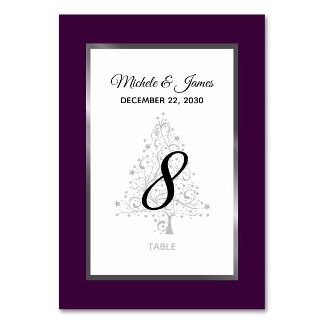 Elegant Purple Silver Winter Holiday Wedding Table Number (Front)